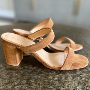 On trend, camel suede slide sandal with block heel. Size 8.5. Worn once.